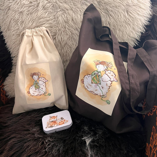 Katoenen tas bruin meisje met schaapje - Lievia