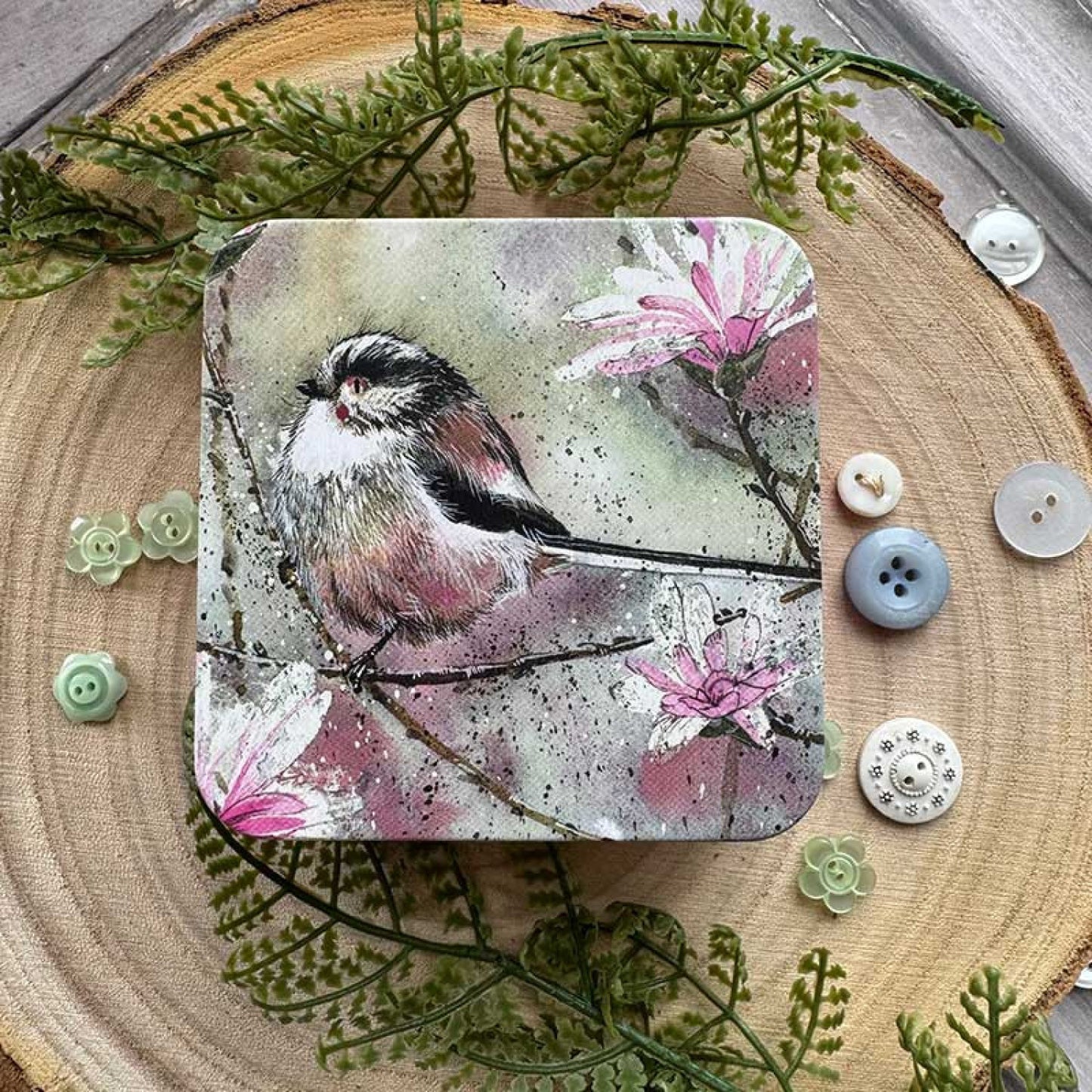 Vierkant blikje Long Tailed Tit and Magnolia - Alex Clark