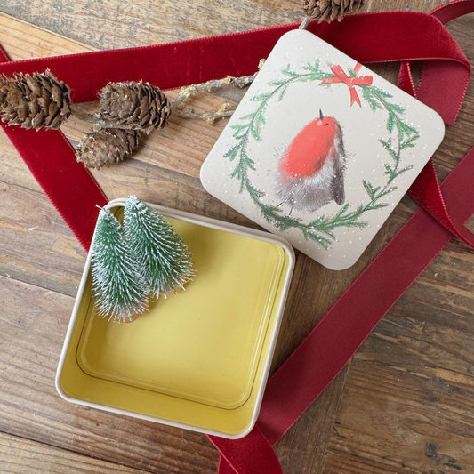 Vierkant blikje Robin in Wreath - Alex Clark