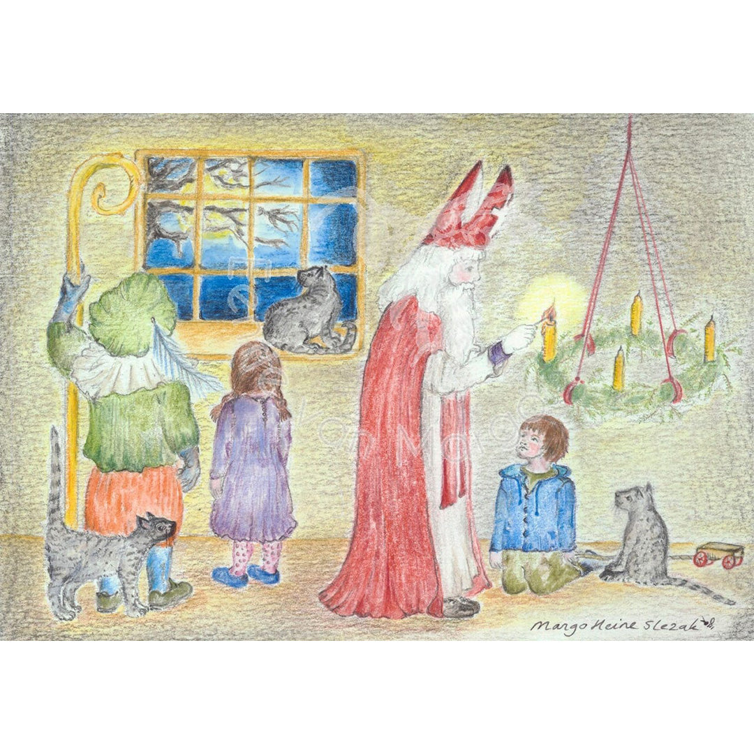 Kaart Sint Nicolaas steekt de eerste Adventskaars aan - Eentje van Margot