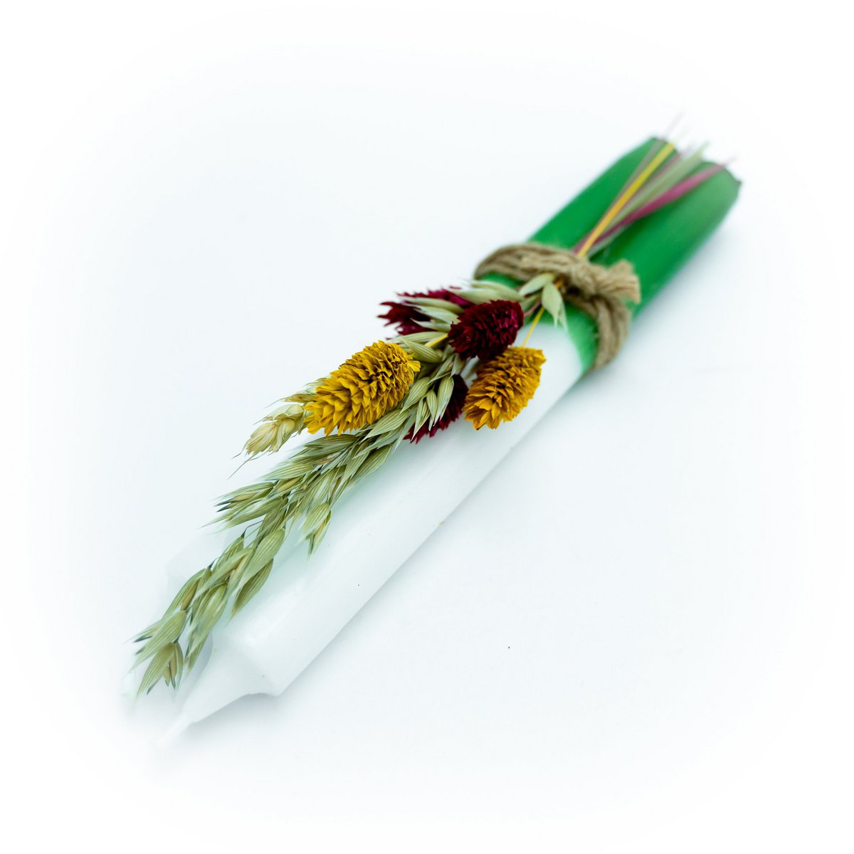 Kaarsen met droogbloemen groen - Waardevol Thuis
