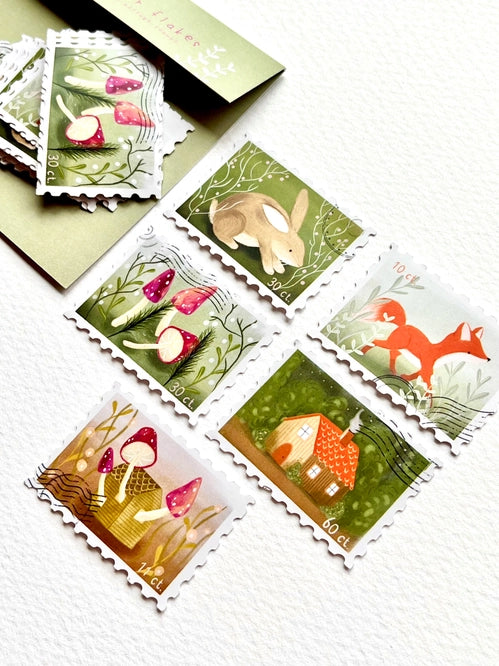 Sticker Flakes Woodland postage stamps - Nikki Dotti