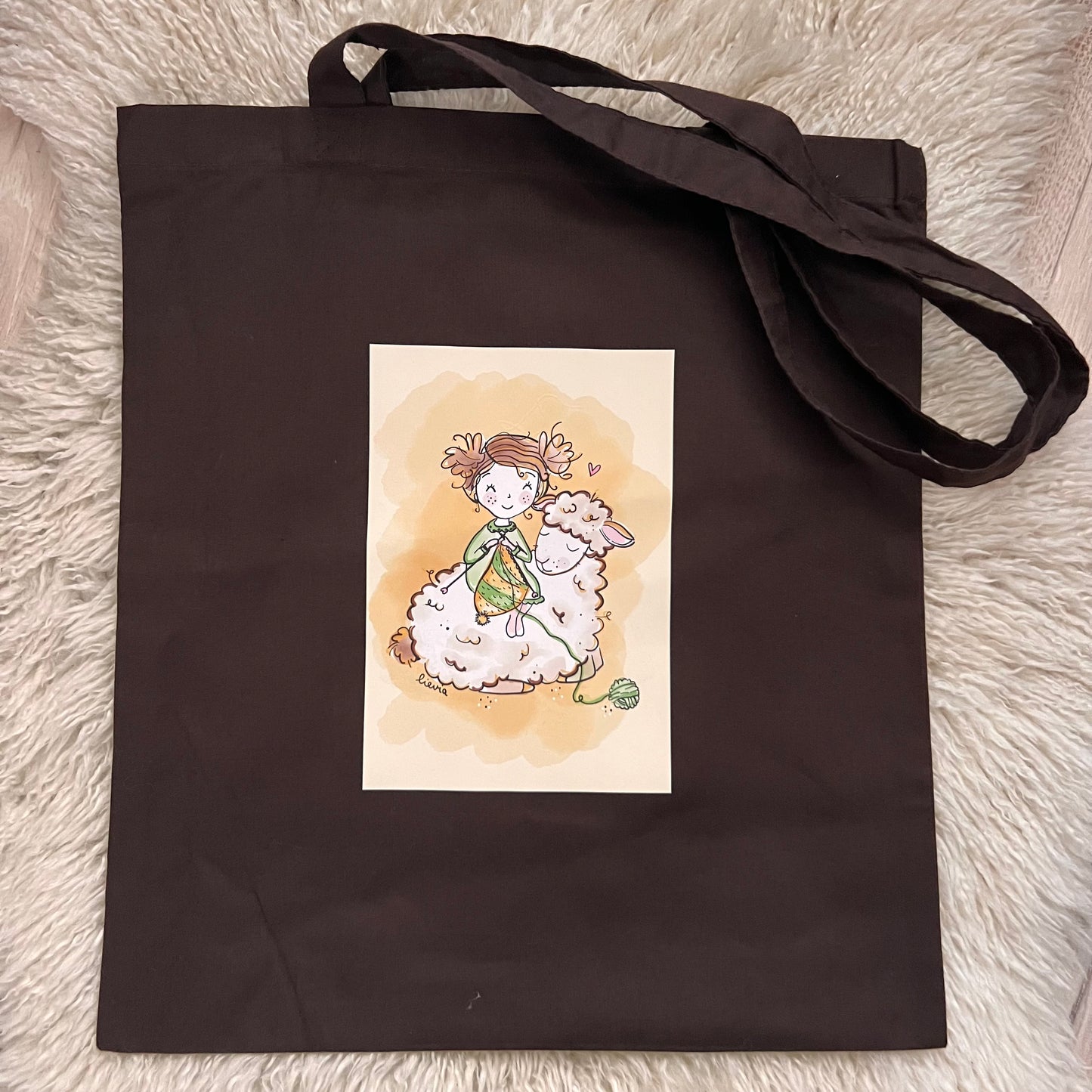 Katoenen tas bruin meisje met schaapje - Lievia