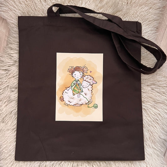 Katoenen tas bruin meisje met schaapje - Lievia