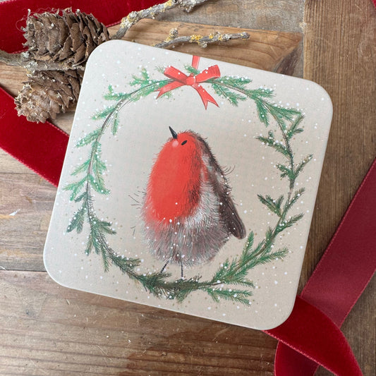 Vierkant blikje Robin in Wreath - Alex Clark