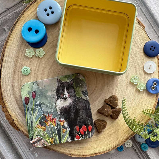 Vierkant blikje Cat and Tulips - Alex Clark