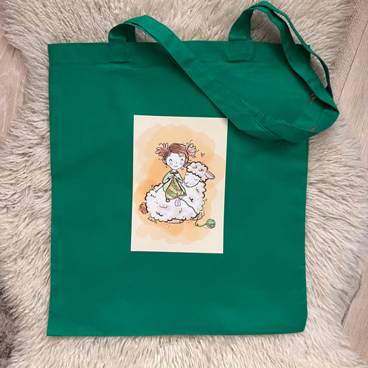Katoenen tas Groen meisje met schaapje - Lievia