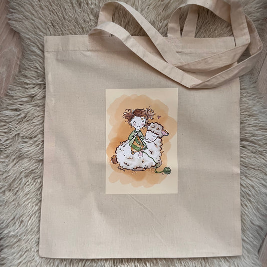 Katoenen tas Naturel meisje met schaapje - Lievia