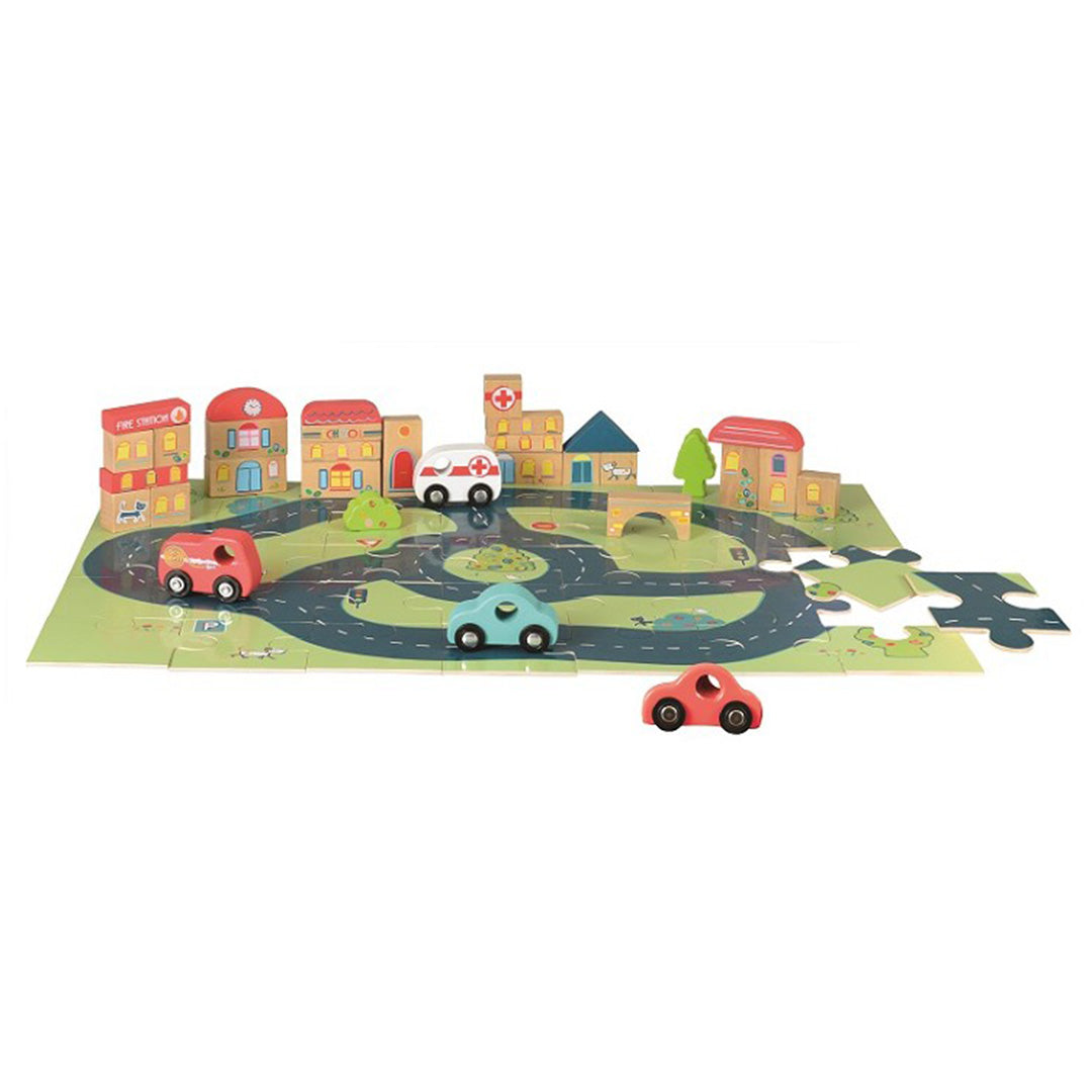 Houten puzzelstad met rijbaan en auto's - Egmont Toys